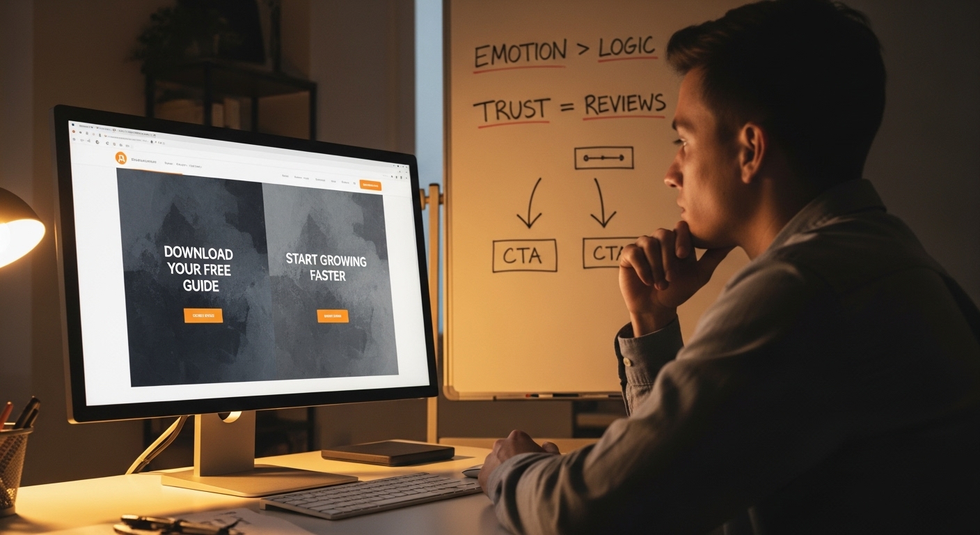 Person seated at a desk analyzing two landing page variations side-by-side on a large monitor, comparing headlines like “Download Your Free Guide” and “Start Growing Faster,” with a whiteboard behind them showing psychological notes such as “Emotion > Logic” and “Trust = Reviews” — illustrating decision-making in landing page conversion strategy.